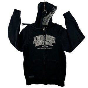Vintage And1 Mens Black Basketball‎ Hoodie With Zip Front & Pockets Y2K 90s READ